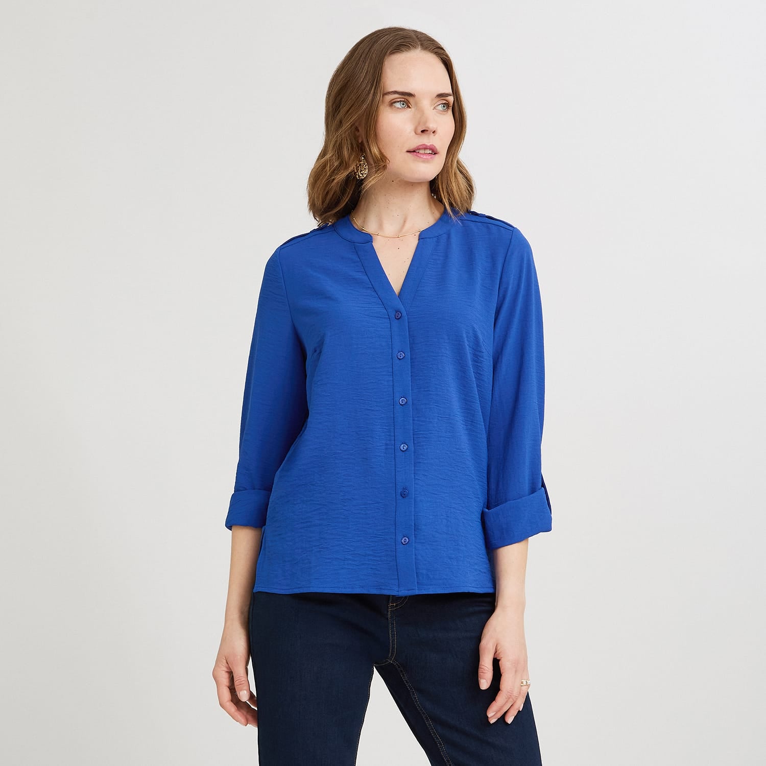 Blusa Manga Larga con Botones Frontales Azul